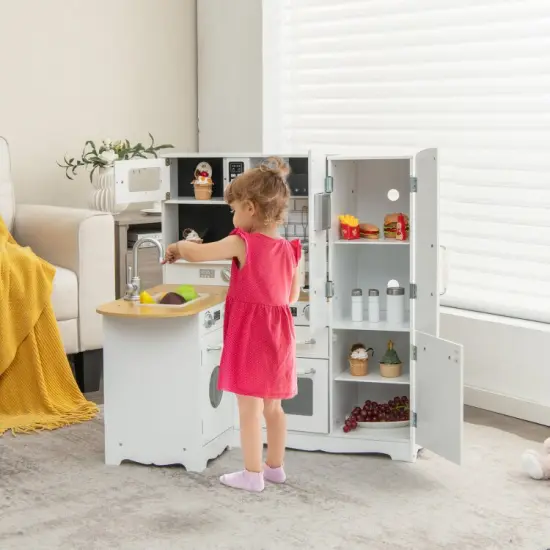 Wooden Kid's Corner Kitchen Playset with Stove for Toddlers-White {3}