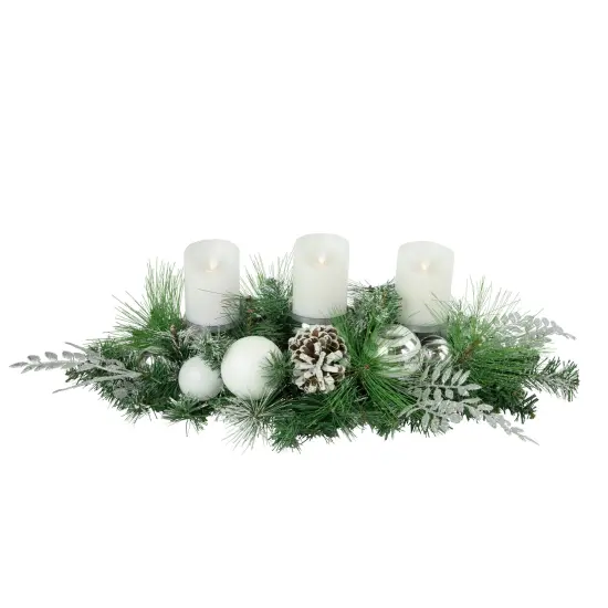Northlight 30" Green Pine and Needle Triple Candle Holder with Pinecones and Christmas Ornaments White {4}