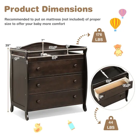 Baby Changing Table Infant Diaper with 3 Drawers and Safety Belt Brown {5}