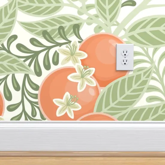 Pre-Pasted Wallpaper 2FT Wide Green Orange Fruit Citrus Garden Oranges Botanical Italy Grove Orchard Floral Large Scale Custom Pre-pasted Wallpaper by Spoonflower {4}