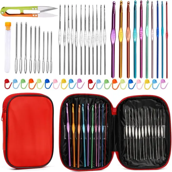 54 Pcs Crochet Needles Set, Crochet Hooks Kit with Storage Case, Ergonomic Knitting Needles Blunt Needles Stitch Marker DIY Hand Knitting Craft Art Tools for Beginners Red {1}