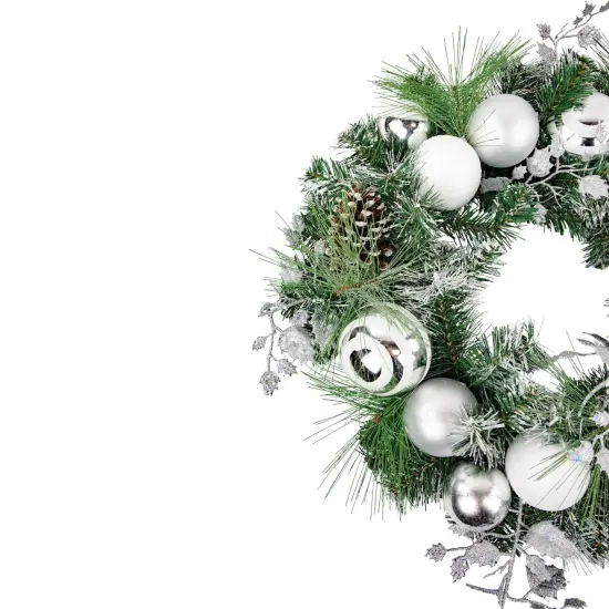 Northlight Green Pine Needle Wreath with Pinecones and Christmas Ornaments, 24-Inch, Unlit White {6}