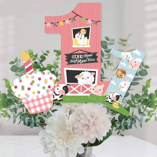 Big Dot of Happiness 1st Birthday Girl Farm Animals - Pink Barnyard First Birthday Party Centerpiece Sticks - Table Toppers - Set of 15 {1}