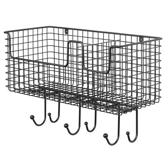 mDesign Metal Storage Organizer Basket with 6 Hooks - Wall Mount {4}