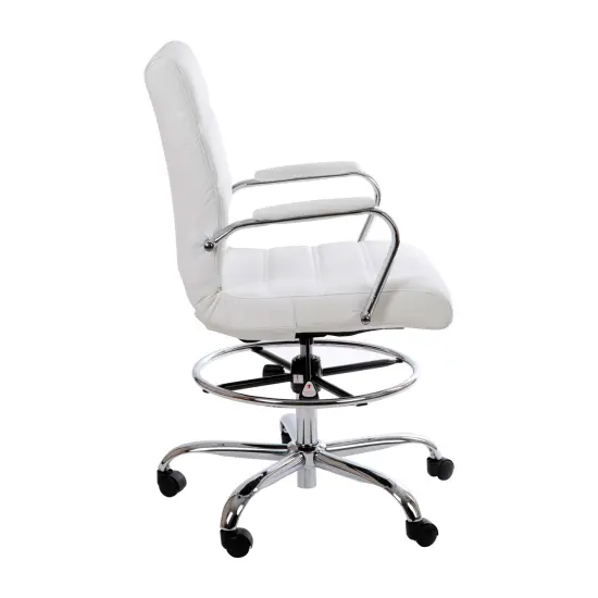 Merrick Lane Tevia Mid-Back Drafting Chair with Adjustable Foot Ring Faux Leather Upholstered Swivel Chair with Chrome Base White {5}