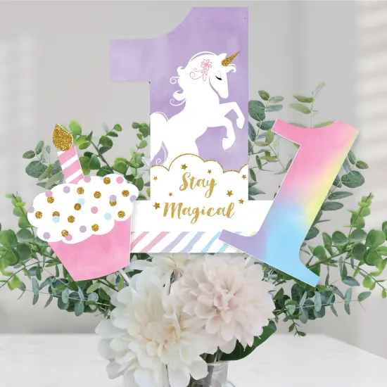 Big Dot of Happiness 1st Birthday Rainbow Unicorn - Magical Unicorn First Birthday Party Centerpiece Sticks - Table Toppers - Set of 15 {1}