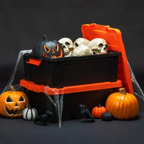 IRIS USA Heavy-Duty Plastic Storage Bins, Store-It-All Container Totes with Durable Lid and Secure Latching Buckles, Black/Orange {3}