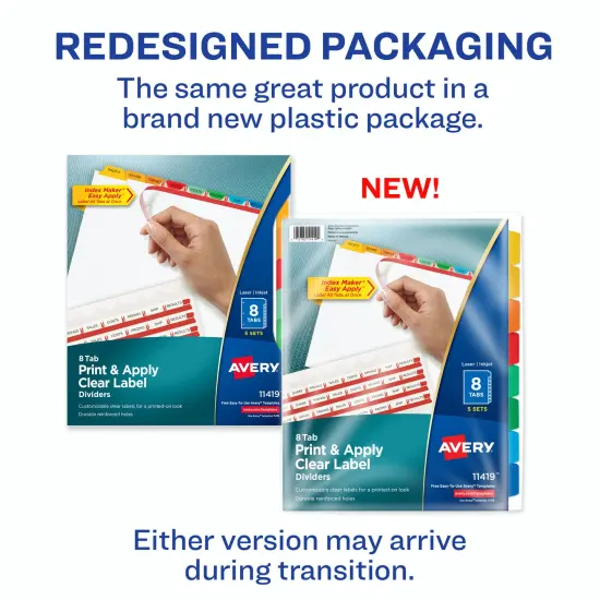 Avery 8 Tab Dividers for 3 Ring Binder, Easy Print & Apply Clear Label Strip, Index Maker Customizable Multicolor Tabs, 5 Sets (11419) {2}