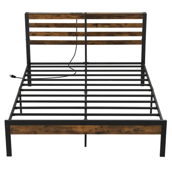 Costway Full Industrial Metal Platform Bed Frame Charging Station Mattress Foundation {2}