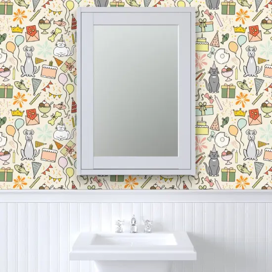 Peel & Stick Wallpaper 2FT Wide Dog Cat Multicolor Presents Whimsical Celebration Playful Balloons Pastels Candles Birthday Cake Bright Summer Colors Gift Large Scale Custom Removable Wallpaper by Spoonflower {6}
