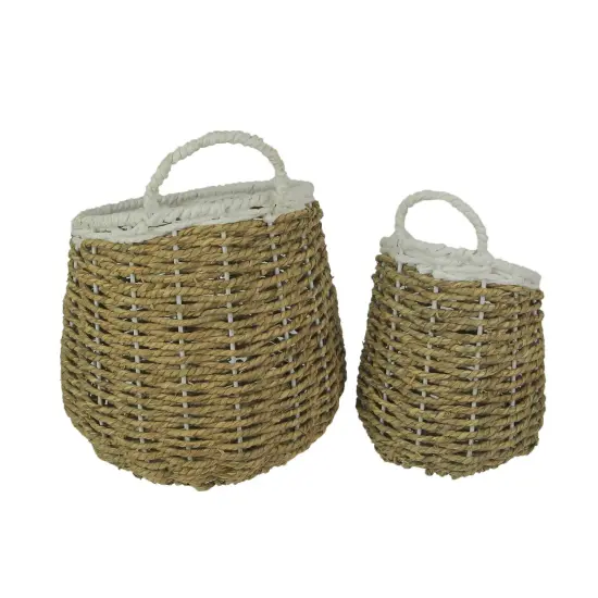 Set of 2 Natural and White Hand-Woven Seagrass Round Baskets Bohemian Decor Brown {4}