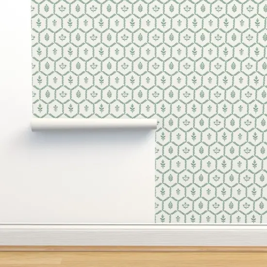 Pre-Pasted Wallpaper 2FT Wide Farmhouse Chic Cottagecore Green Botanical Clover Leaves Vine Thistle Hexagons Custom Pre-pasted Wallpaper by Spoonflower {2}