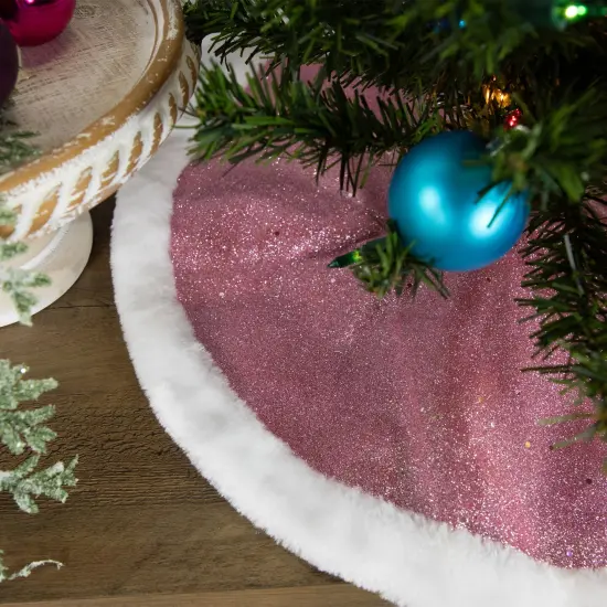 Northlight 20" Pink Glittered Mini Christmas Tree Skirt with White Fur Trim {4}