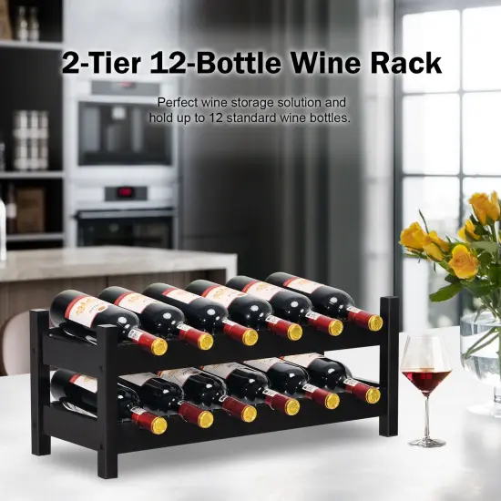 2-Tier 12 Bottles Bamboo Storage Shelf Wine Rack Brown {3}