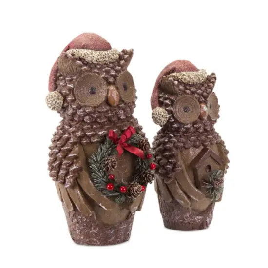 Melrose Set of 2 Brown Pine Cone Owl Wearing Santa Hat Christmas Figure 14.5" {3}
