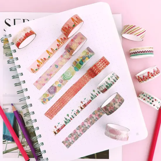 Wrapables Elegant Gold Foil Washi Tape Box Set for Arts & Crafts, Scrapbooking, Stationery, Diary (12 Rolls) Pink Festival {6}