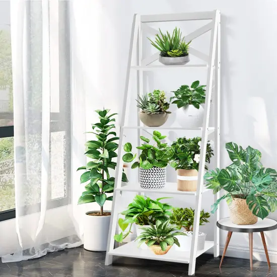 Costway 4-Tier Ladder Shelf Bookshelf Bookcase Storage Display Plant Leaning Shelf White {3}