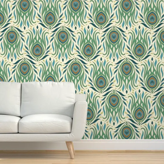 Peel & Stick Wallpaper 2FT Wide Animal Print Feathers Peacocks Birds Green Blue Custom Removable Wallpaper by Spoonflower {5}