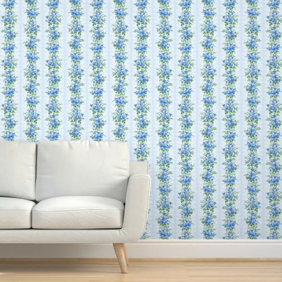 Peel & Stick Wallpaper 2FT Wide Farmhouse Floral Shabby Chic Blue Cottage Core Romantic Vertical Stripe Small Scale Custom Removable Wallpaper by Spoonflower {5}
