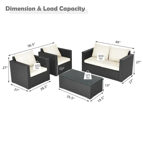 4Pcs Patio Rattan Cushioned Furniture Set White {5}
