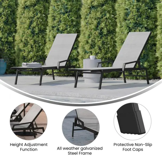 Emma and Oliver Braelin Set of 2 Textilene Adjustable 5 Position Patio Chaise Lounge with Armrests and Metal Frame Black/Gray {2}