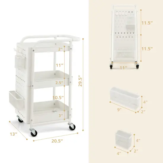 3-Tier Utility Storage Cart with DIY Pegboard Baskets and 4 Hanging Hooks for Any Room White {4}