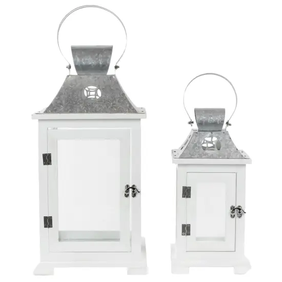 Northlight Wooden Candle Lanterns with Galvanized Metal Tops - 19.5" - White - Set of 2 {4}