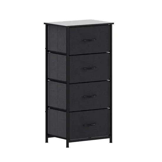 Emma and Oliver Marley 4 Drawer Storage Dresser with Cast Iron Frame, Wood Top and Easy Pull Fabric Drawers with Wooden Handles BlackDrawer/Black {1}
