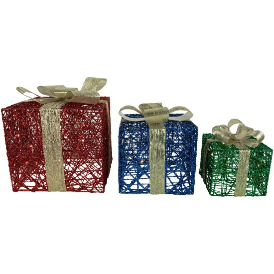Northlight Set of 3 Lighted Red, Blue and Green Gift Boxes Christmas Decorations 9.75" {4}