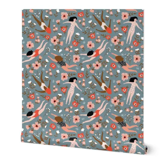 Peel & Stick Wallpaper 2FT Wide Ditsy Floral Whimsical Swim Beach Lake Summer Feminine Small Scale Blue Red Custom Removable Wallpaper by Spoonflower {7}