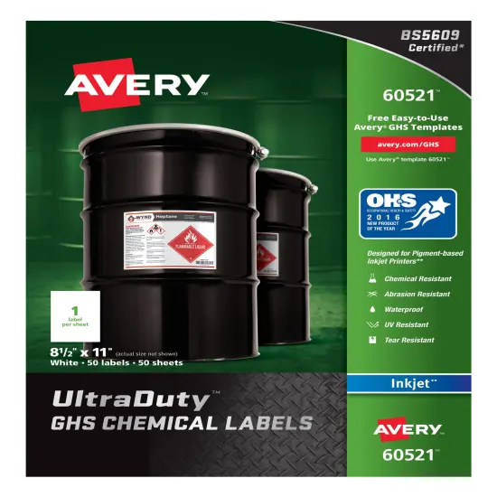 Avery UltraDuty GHS Chemical Labels for Pigment Inkjet Printers, Waterproof, UV Resistant, 8-1/2" x 11", 50 Labels (60521) {1}