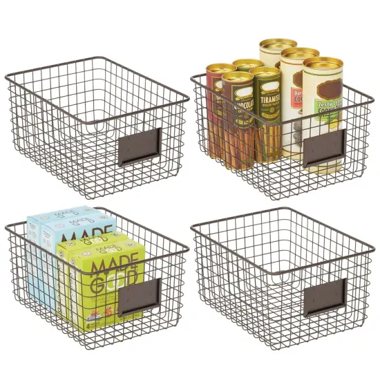 mDesign Large Steel Kitchen Organizer Basket with Label Slot, 4 Pack - Bronze {1}