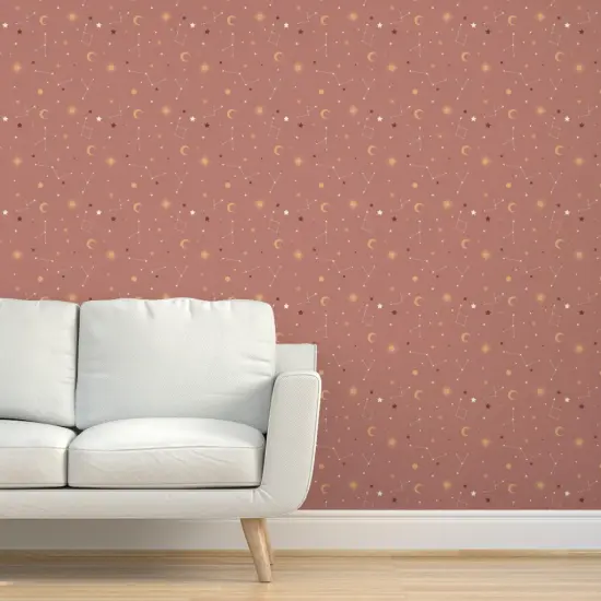 Pre-Pasted Wallpaper 2FT Wide Brown Stars Sky Constellations Space Moon Boho Astronomy Whimsical Medium Scale Custom Pre-pasted Wallpaper by Spoonflower {5}