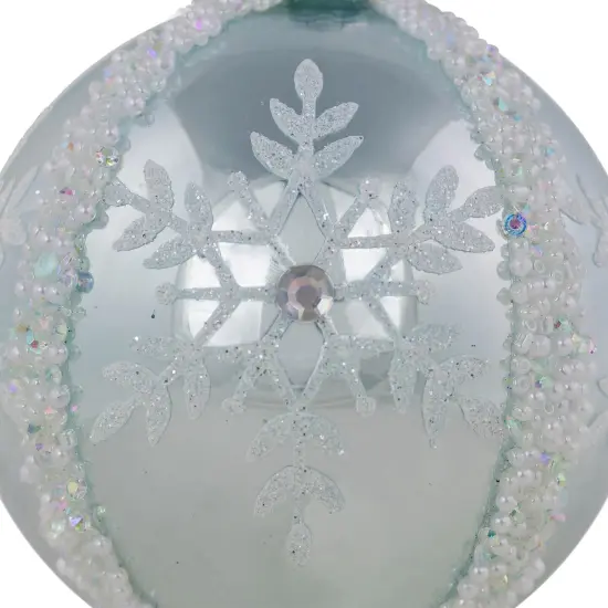 Northlight Glitter Snowflakes Beaded Christmas Glass Ball Ornaments - 4" - Ice Blue - Set of 2 {4}