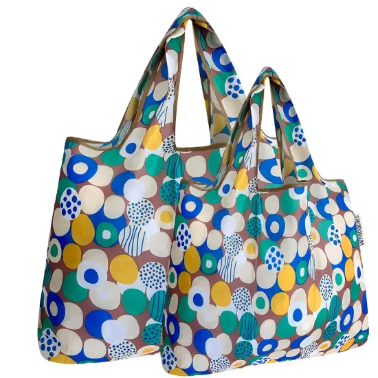 Wrapables Large & Small Foldable Tote Nylon Reusable Grocery Bags, Set of 2 Happy Dots {1}