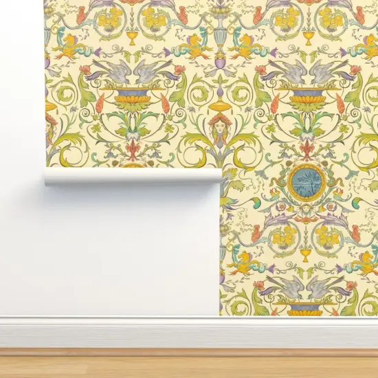 Pre-Pasted Wallpaper 2FT Wide Multicolor Baroque Renaissance Floral Fresco Botanical Birds Victorian Large Scale Water Color Horses. Italian Custom Pre-pasted Wallpaper by Spoonflower {2}