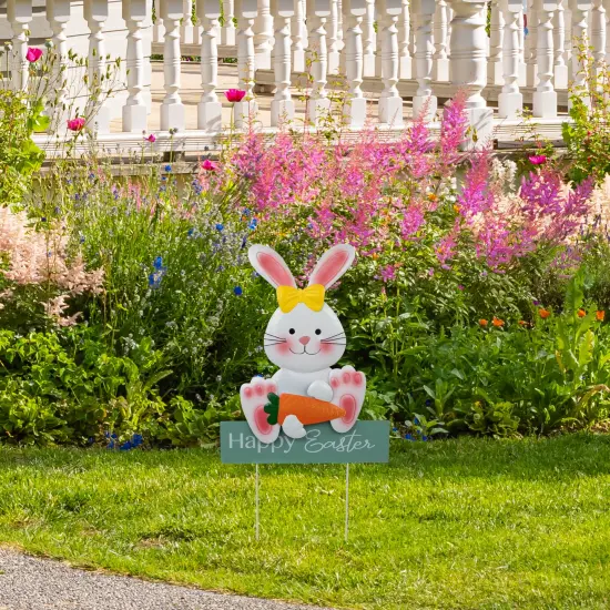 Northlight Bunny with Carrot Happy Easter Outdoor Garden Stake - 18.75" White {3}