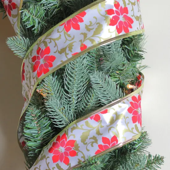 Northlight Red and Gold Poinsettia Print Wired Christmas Craft Ribbon 2.5" x 10 Yards {4}