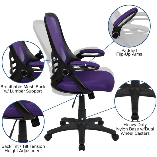 Emma and Oliver High Back Mesh Ergonomic Office Chair with Flip-up Arms Purple {2}