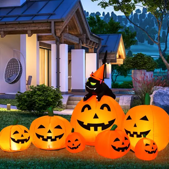 Halloween 7.5 Feet Inflatable Pumpkin Combo with Witch Black Cat {2}