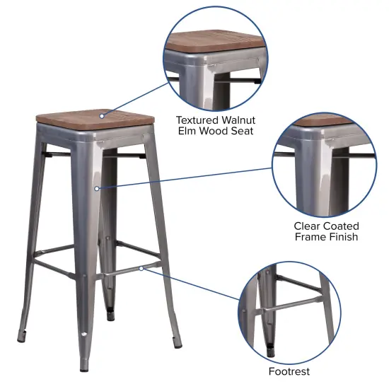 Merrick Lane Set of 4 Hamburg 30 Inch Tall Clear Coated Metal Bar Counter Stool With Textured Elm Wood Seat Clear Coated Gray {2}