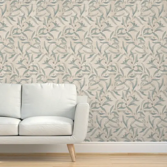 Peel & Stick Wallpaper 2FT Wide Sage Green Antique Plants Neutral Garden Italian Historical Hand Painted Olives Roman Villa Fresco Floral Botanical Large Scale Custom Removable Wallpaper by Spoonflower {5}
