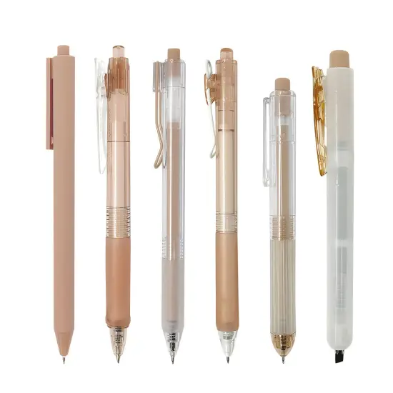 Wrapables Retractable Rollerball Pens and Highlighter Set, 0.5mm Black Gel Ink Pens for Home, Office, Stationery (Set of 6) Brown {1}