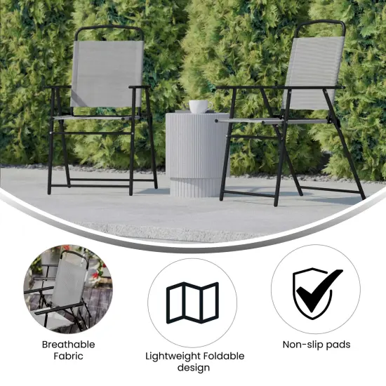 Emma and Oliver Munroe Set of 4 Textilene Folding Sling Style Patio Chairs with Armrests Gray {2}