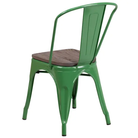 Emma and Oliver 4 Pack Metal Stackable Chair with Wood Seat Green {3}