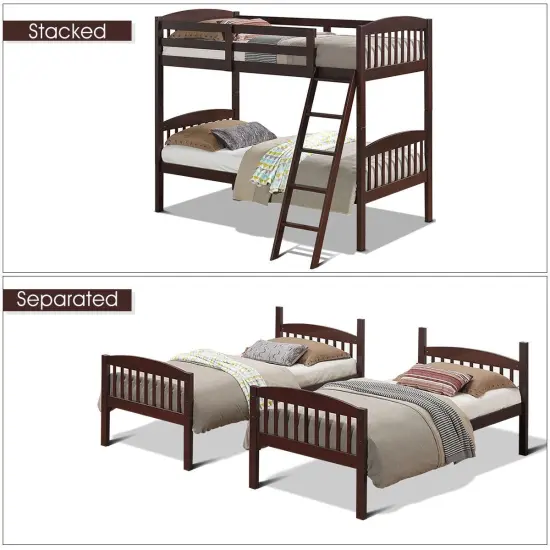 Wood Bunk Bed Twin with Inclined Ladder, Convertible, Safe and Space-Saving Brown {5}