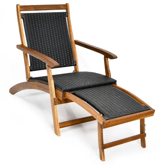 CostwayPatio Folding Rattan Lounge Chair Wooden Frame W/ Retractable Footrest {2}