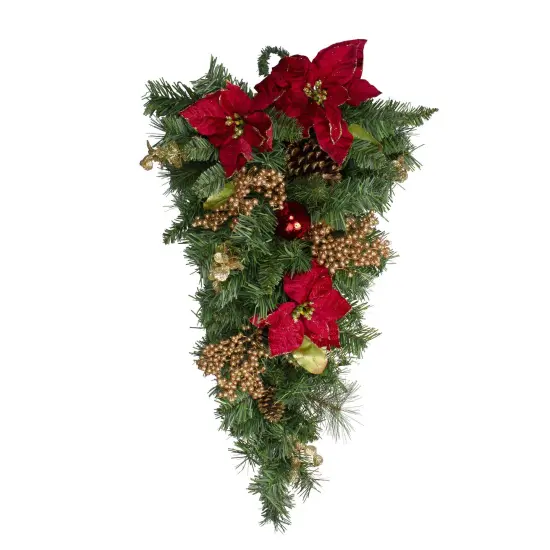 Northlight Pine, Pinecone and Poinsettias Artificial Christmas Teardrop Swag - 32" - Unlit Green {1}