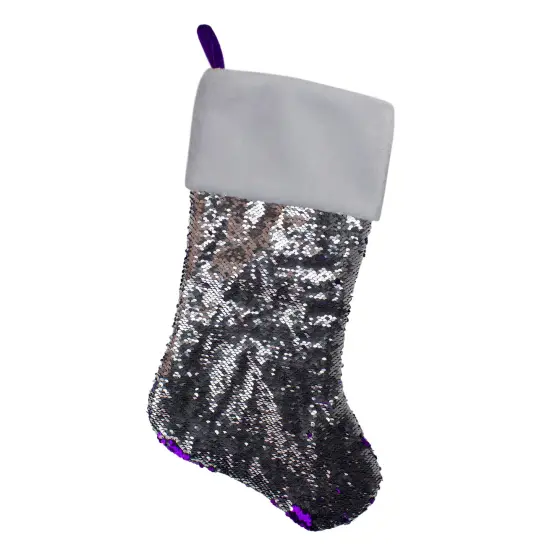 Northlight 23" Purple and Silver Reversible Sequined Christmas Stocking with Faux Fur Cuff {4}