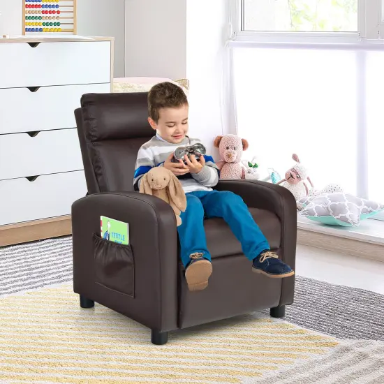 Ergonomic PU Leather Kids Recliner Lounge Sofa for 3-12 Age Group Brown {2}